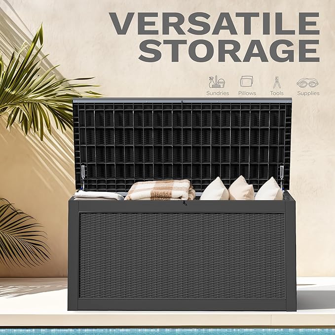 DWVO 320 Gallon XXL Extra Large Deck Box, Resin Outdoor Storage Box, Lockable & Waterproof, Double as Seating, 1000lbs Capacity (Black)
