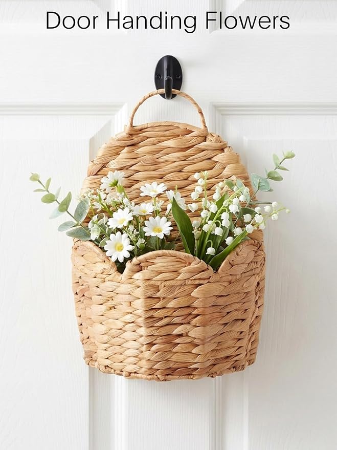 Door Basket Scalloped Hanging Storage Basket,Water Hyacinth Woven Wall Baskets for Front Door Decor, Hangable Storage Organize for Flowers,Planter,Mails,Wicker Baskets for Organizing Garden - S