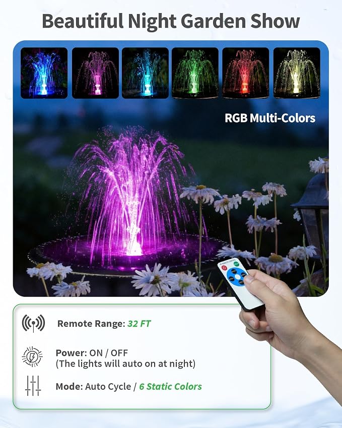 POPOSOAP 12W Solar Fountain Pump Built-in 4200mAh Battery Backup, LED Colorful Lights & Remote Control, Solar Powered Pond Pump for Bird Bath, Fish Tank, Outdoor Garden Water Features P112DL