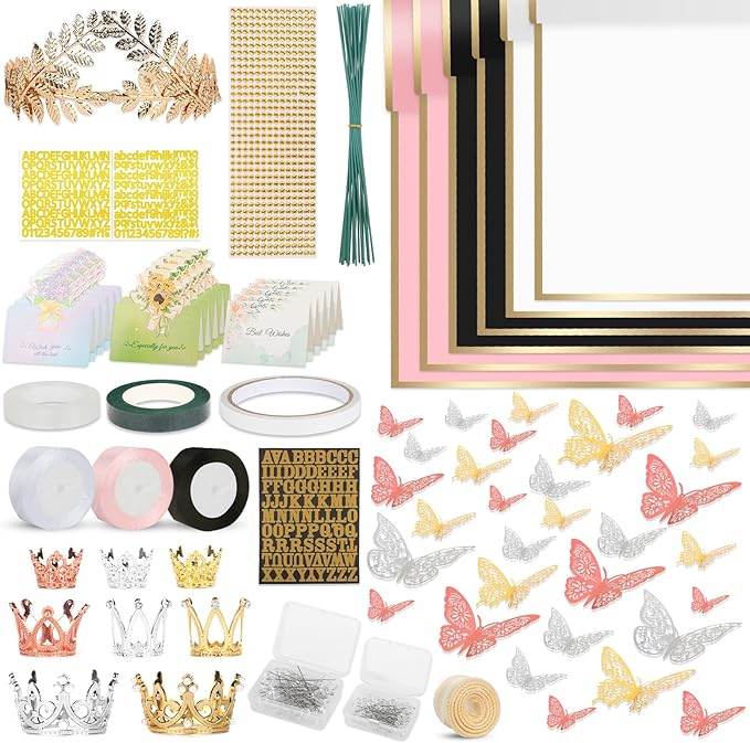260Pcs Flower Bouquet Wrapping Paper Kit, 60 Sheets Waterproof Paper, 36 Butterflies, 8 Crowns, 1 Headband, 4 Ribbons, 15 Cards, 100 Diamond Pins, 30 Floral Wire, 3 Stickers, 3 Tapes (3 Mix Colors)