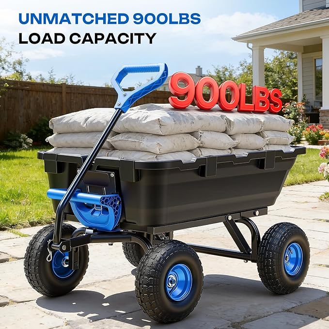 Garden Dump Cart 900Lbs, 2026 Upgraded Heavy Duty Wheelbarrow Dump Wagon with 10" Non-Slip Pneumatic Tires & Quick-Release Dumping, 4-Wheel Steel Frame Utility Carts for Yard,Farm and Garden