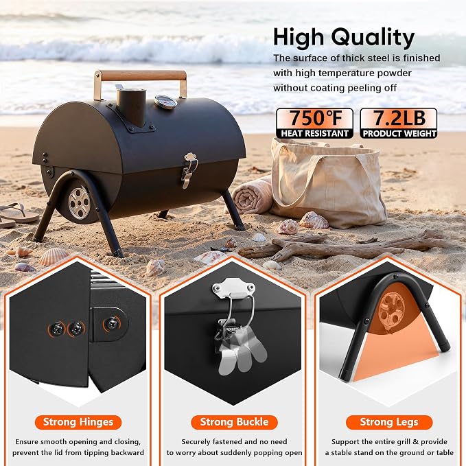 Portable Charcoal Grill with 6 BBQ Tools, HaSteeL Compact Tabletop Barbecue Grill with Thermometer, Small Smoker for Outdoor Camping Backyard Beach BBQ, Thick Steel, Easy to Assemble