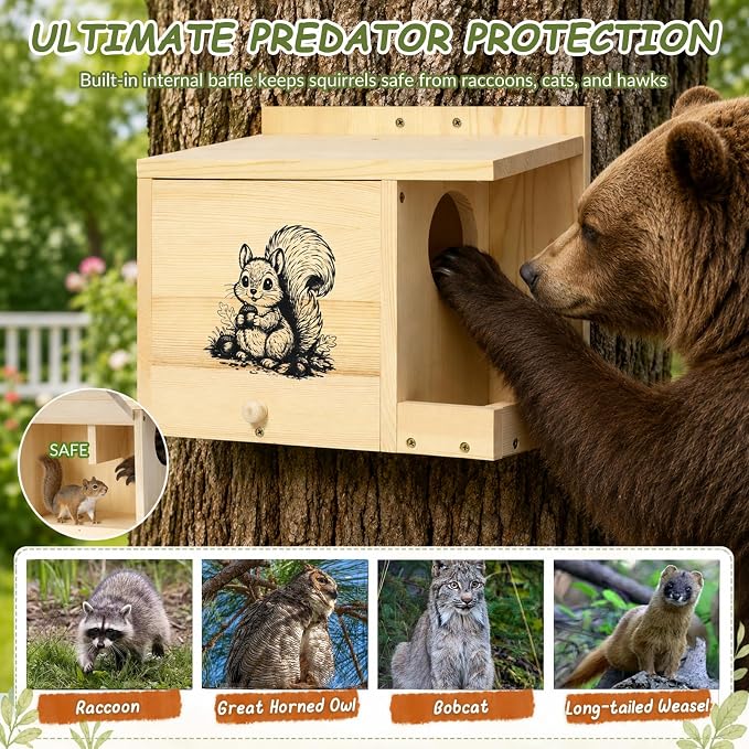 Large Squirrel House for Outside, Squirrel Nesting Box with Squirrel Feeder | Anti-Predator Solid Wood Squirrel Box for Backyard, Waterproof Squirrel feeders for outside, Easy to Assemble,14×11×7.5 Inch