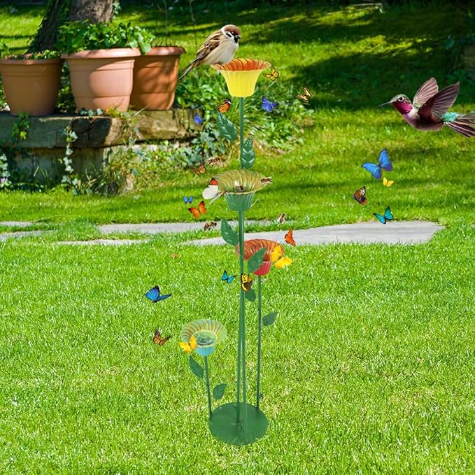 DREAMSOUL Metal Bird Bath with Bee Watering Station, Flower Bee Feeder 4 Pack Bird Bath for Outside Birds, Bees, Butterflies