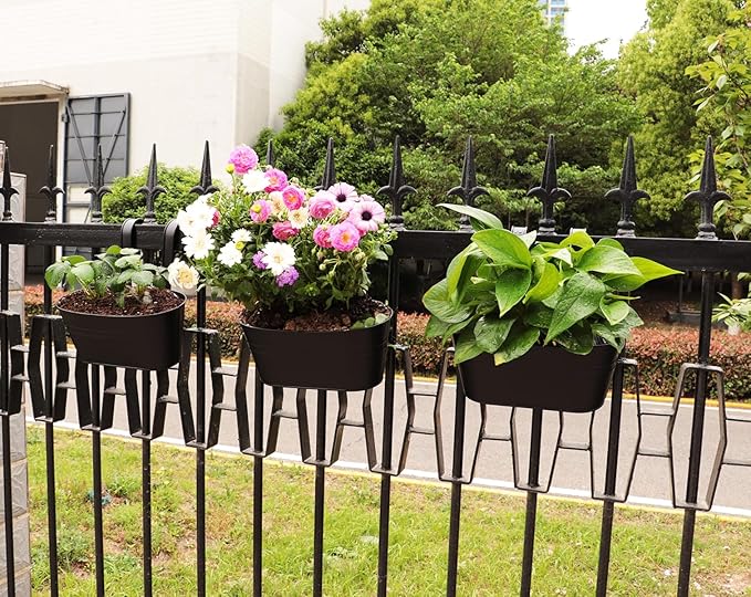 Cornasee 10.6" Metal Railing Planter for Fence/Balcony/Window/Outdoor, 5-Pack Hanging Planters Vintage Flower Pot with Detachable Hooks for Strawberry,Herb,Cactus Black