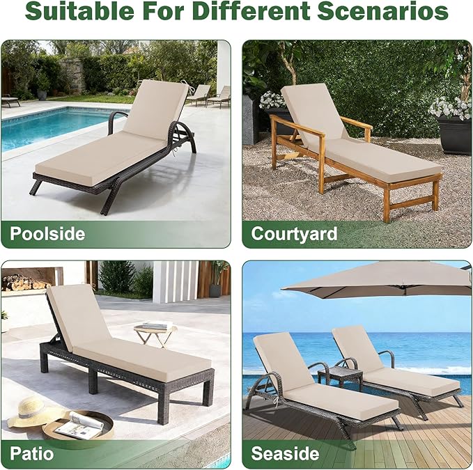 Chaise Lounge Cushions Outdoor, 72x 21x 3 Inch Waterproof & Fade-Resistant Lounge Chair Cushion, Outdoor Chaise Cushion with Removable Cover & Ties for Lawn, Patio, Pool & Beach, Beige
