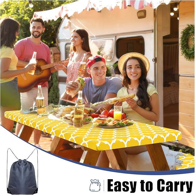 Smiry Picnic Table Cover with Bench Covers, Waterproof Elastic Fitted Tablecloth for 6 Foot Tables, Washable Polyester Tablecloths for Camping, Indoor & Outdoor (Yellow, 30x72 Inch 3-pc Set)