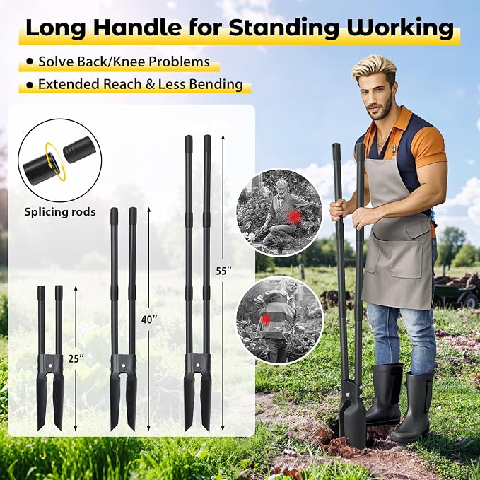 Post Hole Digger Tool, Heavy Duty Post Hole Digger with 55 Inch Handle, Dual Sharp Blades for Soil Plugging, Digging, Cultivating, Weeding, Manual Post Hole Digging Tool Garden Shovel, Black