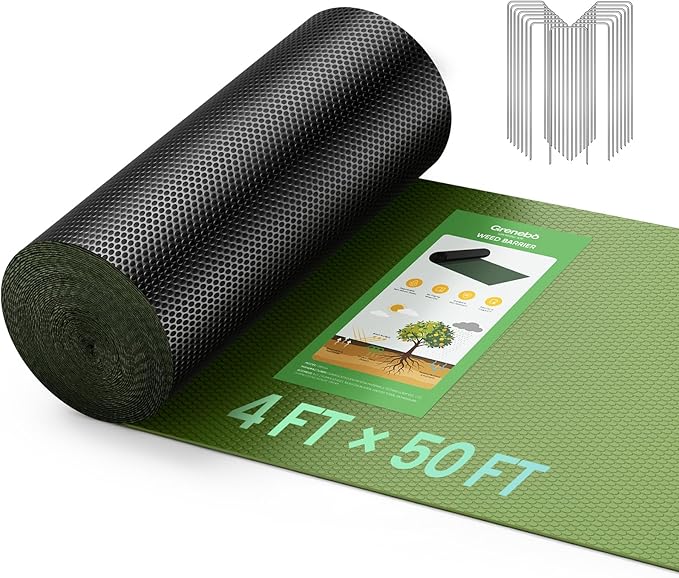 Grenebo Weed Barrier Fabric, 4FT x 50FT, Non-Woven Landscape Fabric, No-Fraying and Easy to Cut, Highly Permeable and Breathable, with 15 U-Shaped Stakes, for Gardens, Flower Beds and Vegetable Plots