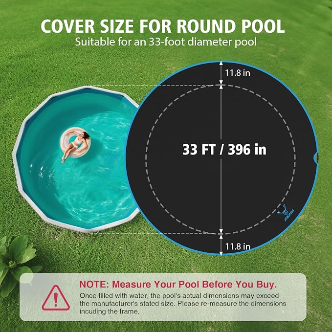 33ft Round Pool Cover for Above Ground Pools, 420D Heavy Duty Oxford Fabric - All Season Outdoor Use, Windproof, Seamless Design