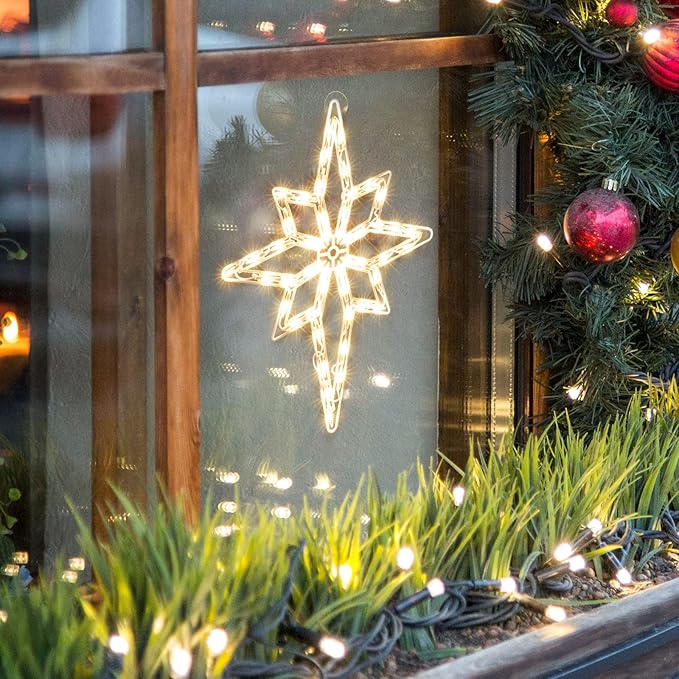 Christmas Window Silhouette Lights, Lighted Star of Bethlehem Double Sided Decorations with 50 Count Incandescent Mini Light, for Holiday Indoor Wall Door Glass Decor