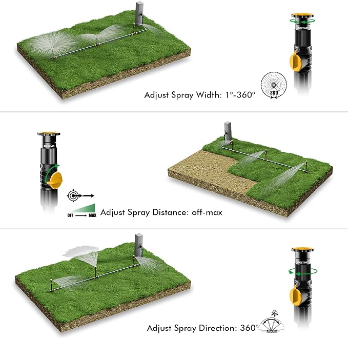 RESTMO Above Ground Sprinkler System,Irrigation Sprinklers for Yard,Yellow | DIY Flexible Metal Spike Sprinkler, Tool-Free, Adjustable Angle/Flow, 3 Sprinklers & 30ft Hose, Ideal for Plants & Gardens