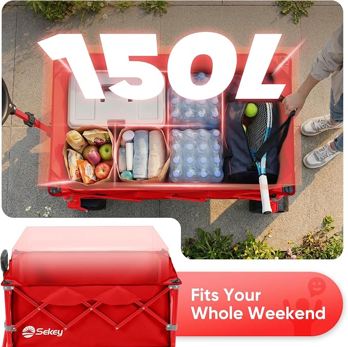 Sekey 150L Wagons Carts Foldable with Big All-Terrian Beach Wheels, Collapsible Heavy Duty Wagon, Extra Large Folding Wagon, Foldable Wagon for Camping, Garden, Sports. Red