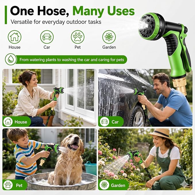 Flexible Garden Hose, Ultra Lightweight Water Hoses 50FT w/10 Function Sprayer and 3/4" Brass Fittings, Kink-Free, Sturdy, Abrasion Resistant for Yard, Lawn, Outdoor and Gardening