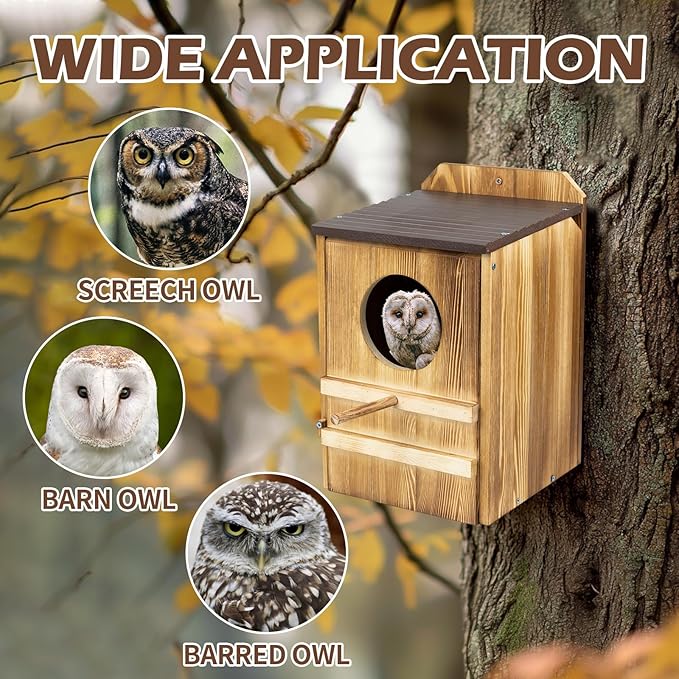 9'' x 14.5'' Owl House for Outdoor, Screech Owl House, Bird Box Large Handmade Wooden Circular Opening Screech Box for Outside with Mounting Screws and A Bag of Wood Shavings
