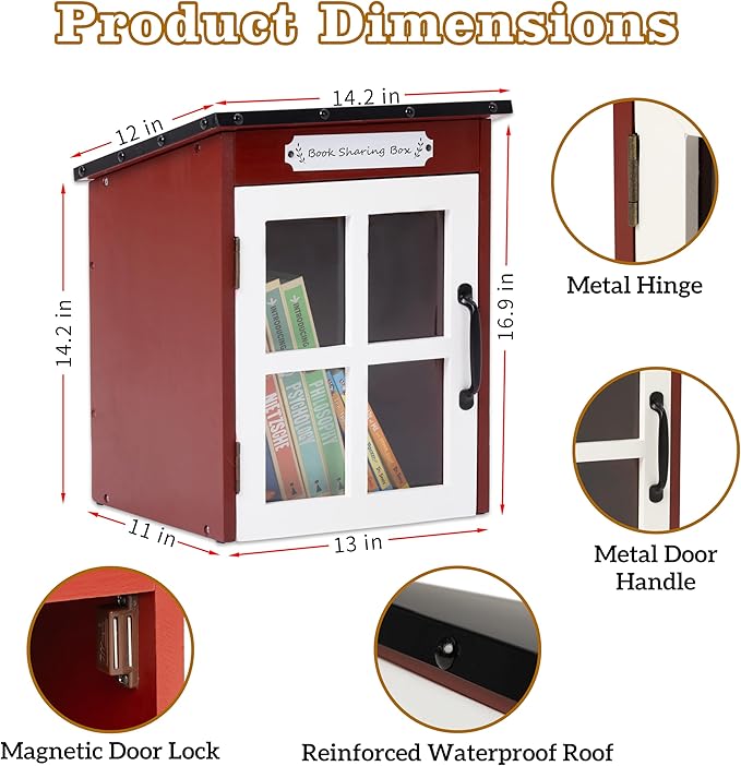Outdoor Book Storage Box: Natural Wood Library Box with Reinforced Waterproof Roof, DIY Book Sharing Storage Box for Outside Neighborhoods Community Schools (Red Sloped Roof)