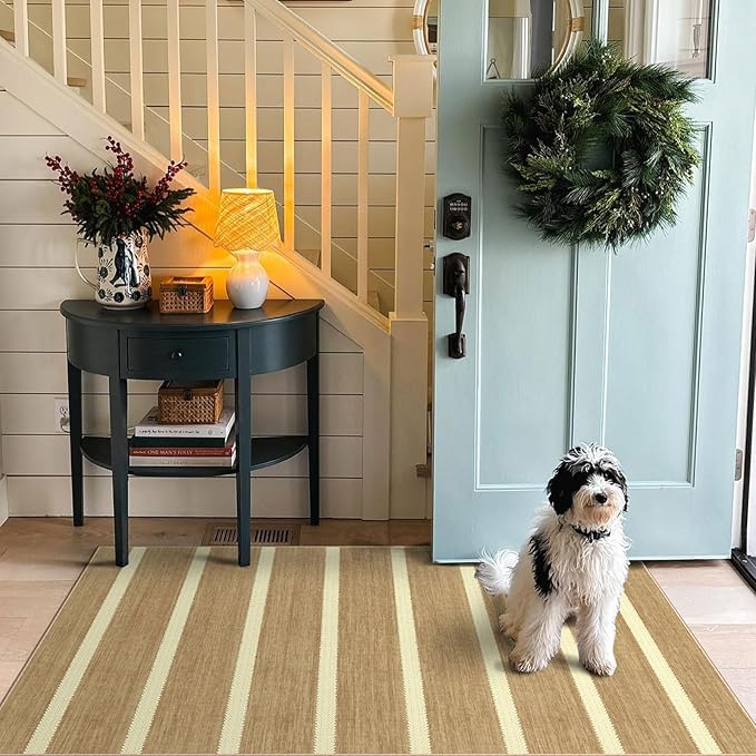 Striped 3x5 Entry Rug - Small Washable Indoor Outdoor Mats for Front Door Non-Slip Porch Rug Tan Beige Farmhouse Throw Rugs for Living Room Bedroom Entryway Kitchen Mudroom Office Porch Decor