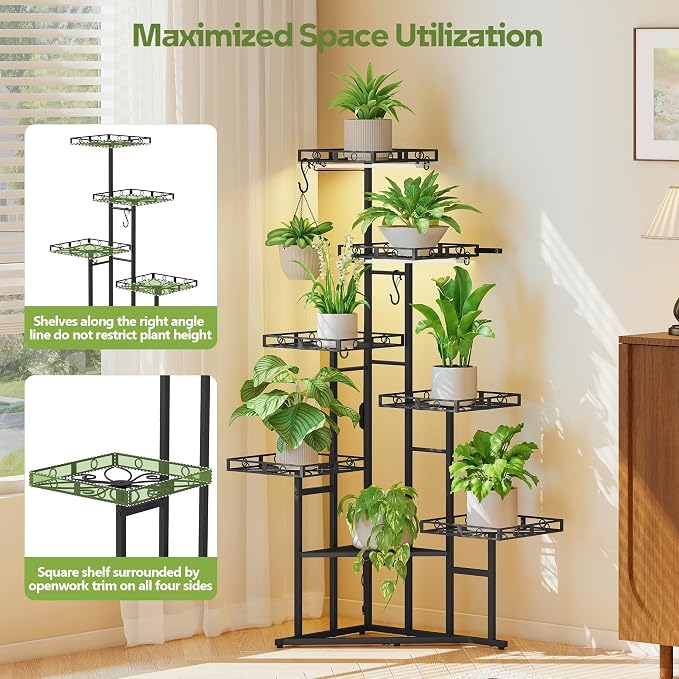 Quikraen 46" Tall Plant Stand Indoor with 2-Head Grow Lights,Multiple Tiers Corner Plant Shelf for Corner,7-Tier Large Metal Flower Holder, Plant Rack for Home Decor, Patio (Black)