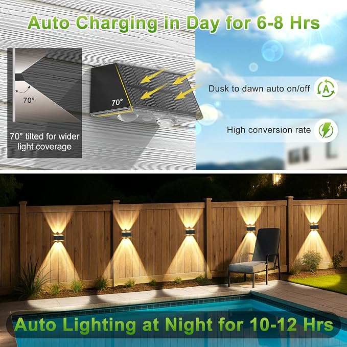 LANSOW Solar Fence Lights Outdoor, 12 Pack Solar Powered Lights Waterproof, 9 Modes Warm/Cool White RGB Up-Down Led Spot Wall Lights Dusk to Dawn Decor for Backyard, Deck, Patio, Pool, Railing(Black)