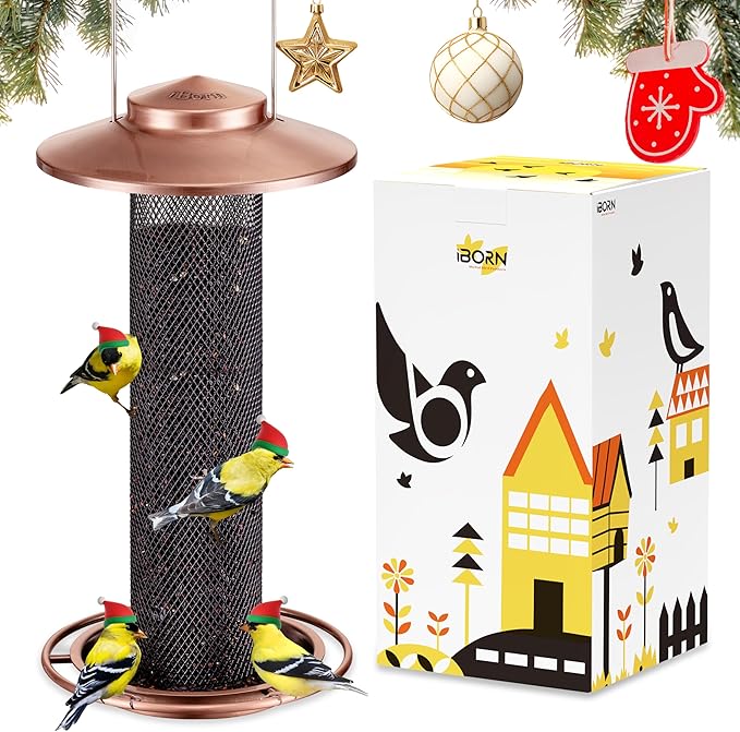 iBorn Finch Feeders for Outside,Thistle Bird Feeders for Outdoors Hanging,Nyjer Seed Feeder,Metal Mesh Tube Bird Feeder 13.5 Inch with 17cm Weatherproof Large Roof&Tray,2 LB Capacity,Brushed Copper