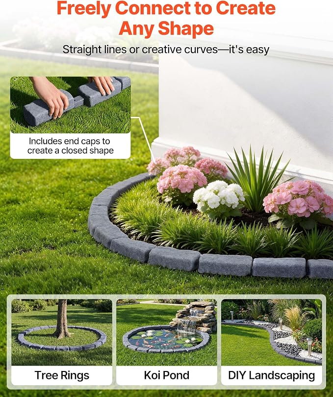 VEVOR Faux Stone Landscape Edging, 15.5 ft Kit, No Dig Garden Edging Border, Blocks for Lawn, Flower Beds, Yards, 4 Pack Each Section Has 6 Bricks 46.46"L x 3.74"W x 2.24"H, 12 Spikes & End Cap, Gray