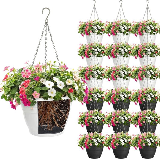 20 Pcs 10 Inch Plastic Self Watering Hanging Planters Bulk Hanging Baskets for Plants Indoor Outdoor with Drainage Holes and Chain Plant Pot for Garden, Balcony, Porch, Patio Decor