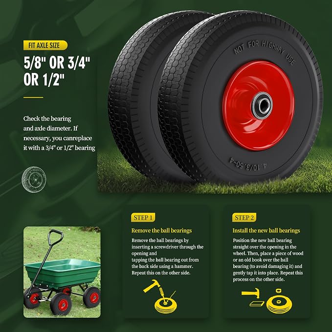 (2 Pack) 4.10/3.50-4 Flat Free Tire and Wheel 10-Inch Solid Wheel Replacement with 5/8 Extra 3/4 &1/2 Bearings,2.2" Offset Hub -Compatible with Hand Truck,Wheelbarrow(Wave,Red)