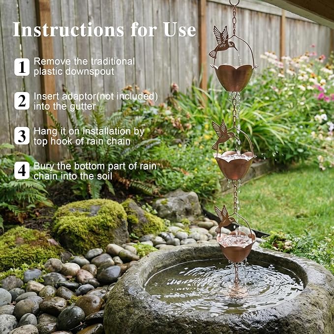 Topadorn Hummingbird Rain Chain, 7.85 ft Decorative Metal Gutter Chain with 12 Cups, Weatherproof Water Diverter for Outdoor Garden