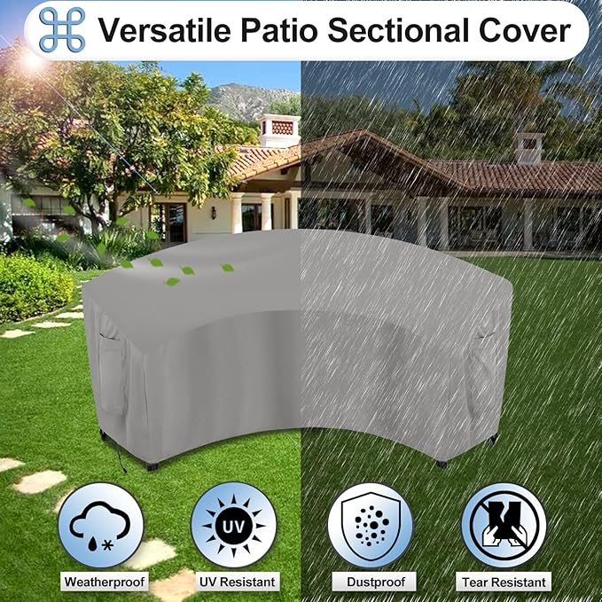 OutdoorLines Waterproof Curved Outdoor Sectional Cover - UV Resistant Windproof Patio Sectional Sofa Covers for Deck, Lawn and Backyard, Heavy Duty Furniture Covers (90Lx34Dx32Hx46FL, Grey)