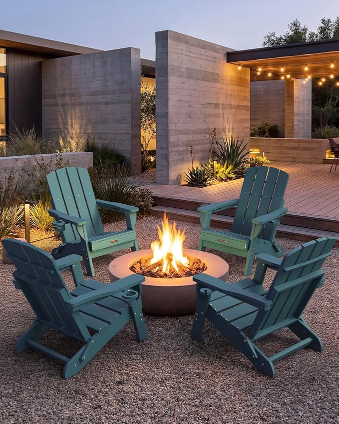 Folding Adirondack Chair 4 Pack, HDPE All-Weather Fire Pit Chairs, Plastic Adirondack Chairs with 2 Cup Holder, Outdoor Lawn Chair for Patio Garden (New Blue)