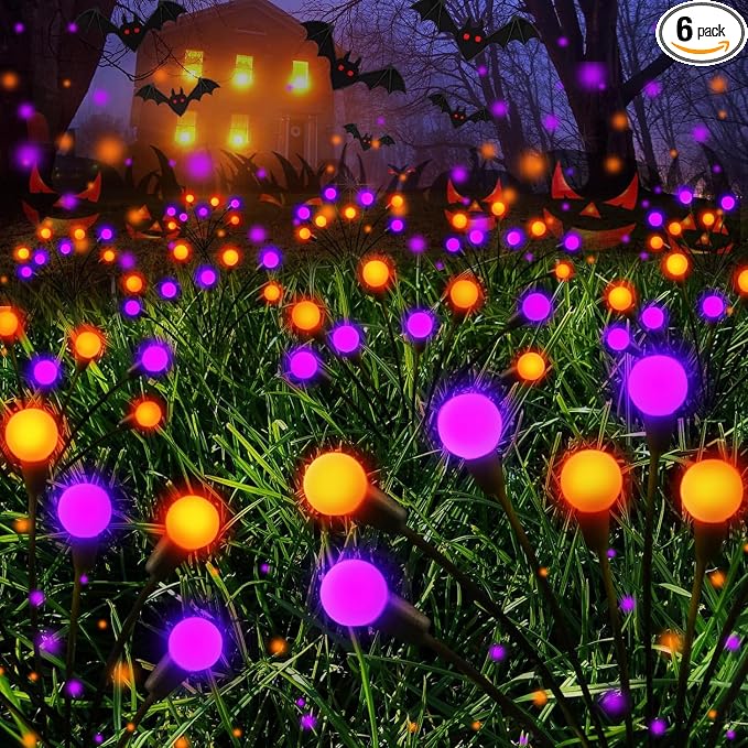 Halloween Decororations Outdoor Solar Firefly Lights 6 Pack Orange Purple | 2 Lighting Modes, Auto On/Off, 48 LED Sway with Wind, Waterproof Halloween Cpreepy Decor for Outside Graveyard Garden Pathway