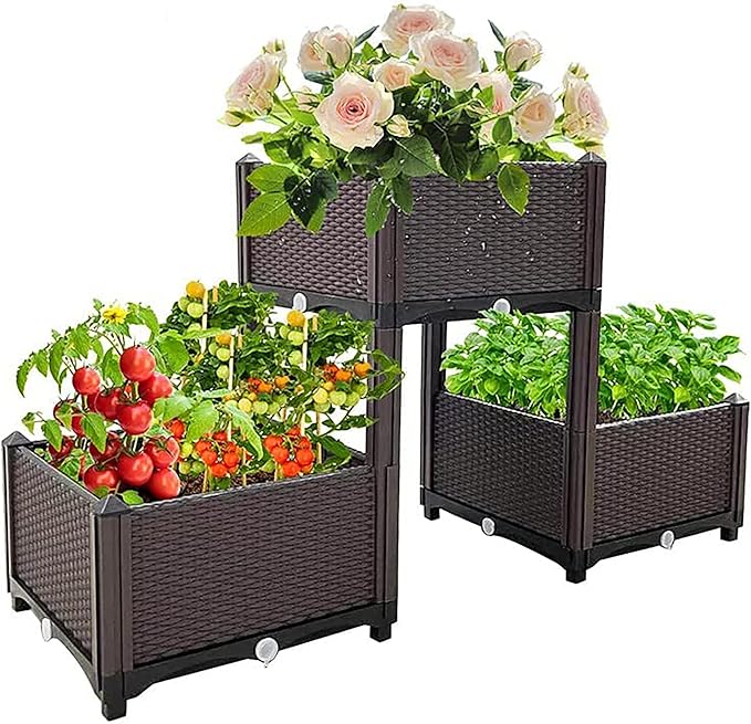 Plastic Elevated Planters for Raised Garden Bed with Legs for Outdoor Plants Box Kits with Drainage Holes for Patio Deck Balcony to Planting Flowers,Vegetables,Tomato and Herbs
