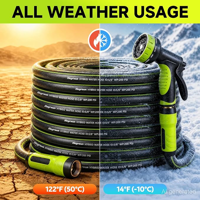 Garden Hose 25ft, Non-Expandable Heavy Duty Water Hose with 10 Function Sprayer, Flexible, Leakproof, Kink Resistant & Hybrid Hose for Yard, Outdoor, 600 PSI