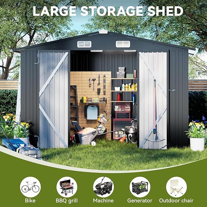 COMHOMA Shed Outdoor Storage Shed Metal,Lockable Doors Tool Sheds with Sloping Roof,Steel Garden Shed with Air Vent for Backyard,Patio,Lawn,Poolside(Grey,10'x10')