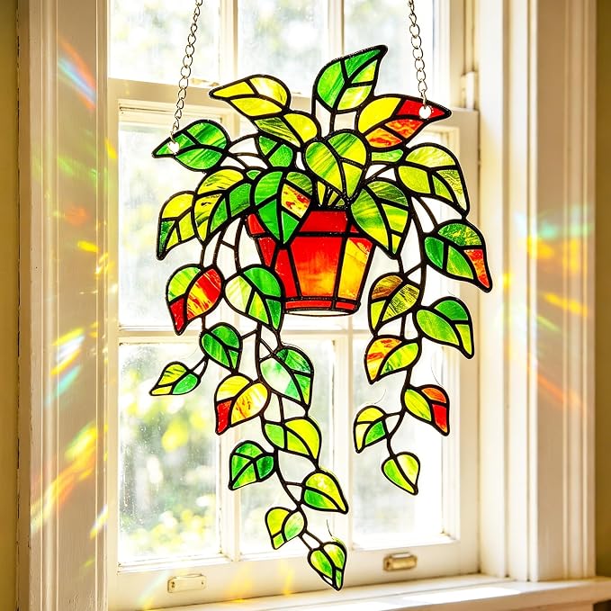 Plant Suncatcher Glass, Stained Glass Suncatcher Plant Window Hanging, Unique Nature Lover Gifts Leaf Ideas