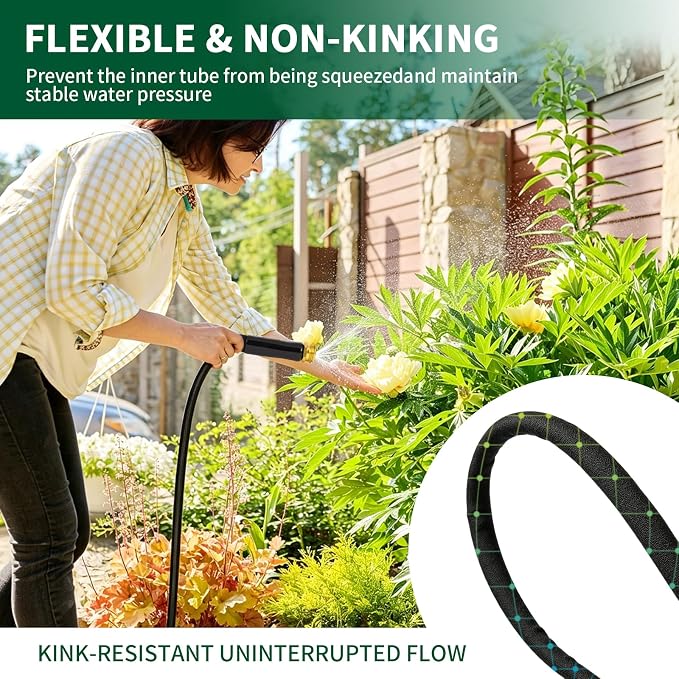 Garden Hose Non-Expanding Water Hose Lightweight, Flexible Garden Hose with 10 Function Nozzle, Kink-Free, Durable, High-Pressure, Abrasion Resistant Hoses for Yard, Garden, Car Wash (50 FT)