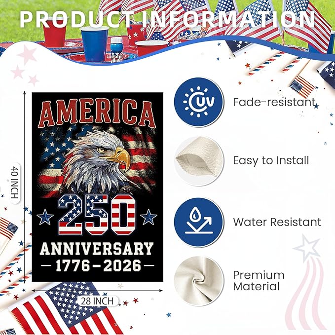 1776-2026 America Garden Flags for Outside, 4th of July 250 Years Anniversary American Patriotic Banner, Blessing United States Yard Merchandise Decoration,12x18 Inch Double-Sided with Bald Eagle