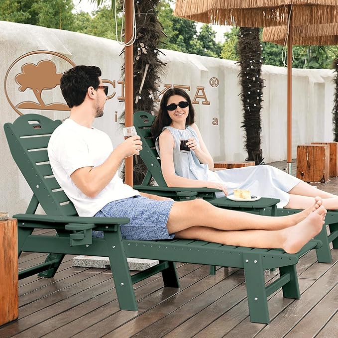 Chaise Lounge for Outdoor, Patio Lounge Chairs for Outside, Chaise Lounge Chair with 6 Positions, HDPE Lounge Chair with Cup Holder for Pool Poolside Deck Backyard Lawn, Green
