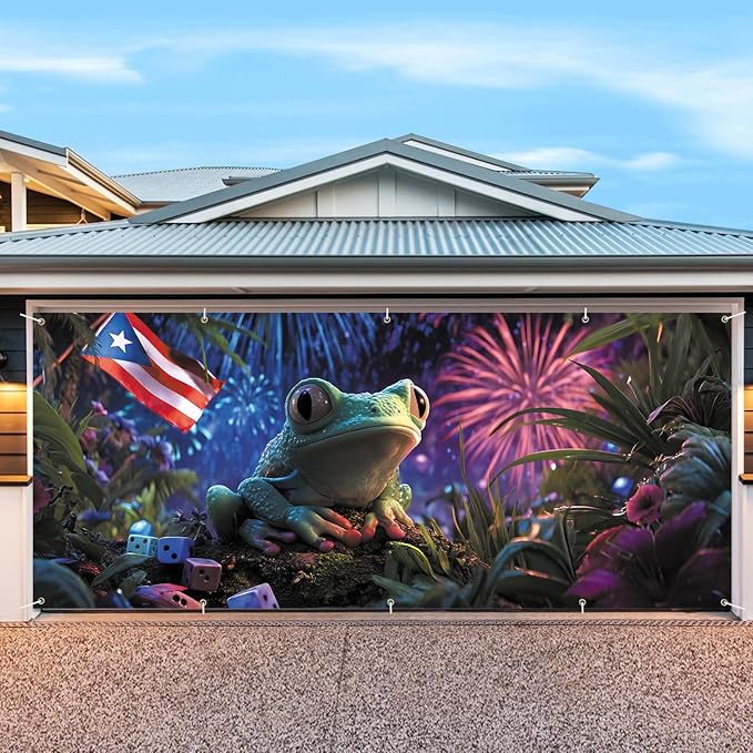 7 * 16FT Summer Puerto Rico Garage Door Cover Decorations Sunset Palm Trees Garage Door Banner for Outdoor Indoor Summer Party Photography Backdrop