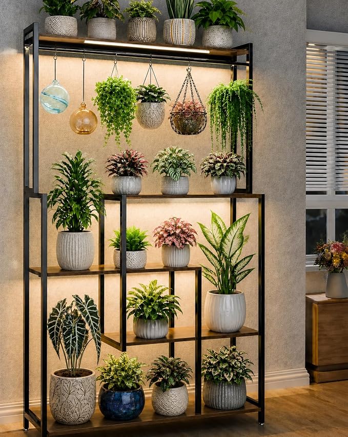 Large Plant Stand with Grow Lights 72", 5 Tier Plant Shelf with 3 Full Spectrum LED Strips & Timer, Heavy Duty Metal Plant Rack for Multiple Pot, Display Shelf for Living Room, Bedroom, Home Decor