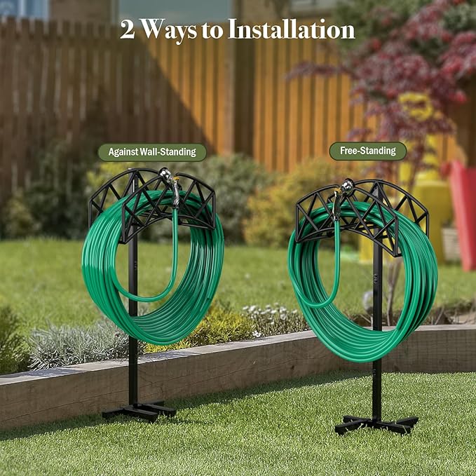 Winpull Garden Hose Holder Detachable Heavy Duty Metal Water Hose Hanger, Freestanding Hose Storage Stand Rack for Outside (Black)