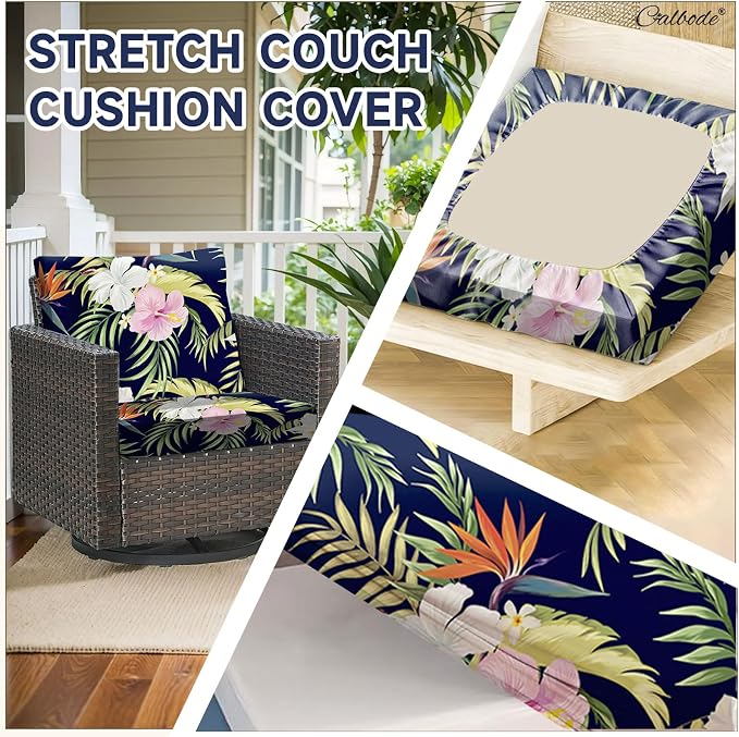CALBODE 8 Pcs Stretch Outdoor Seat Cushion Covers, Washable Chair Seat Covers for Patio Furniture Cushions Soft Indoor and Outdoor Couch Cover Replacement (Navy Blue Botanical, Cover Only)