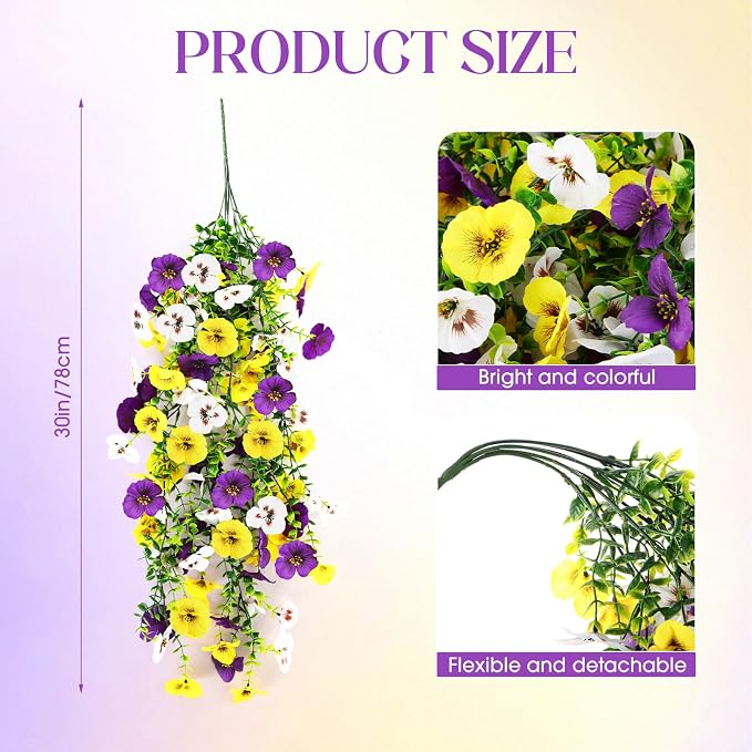 Giegxin 12 Pcs Artificial Hanging Pansy Flowers, 30 Inch Faux Pansies UV Resistant Plastic Hanging Plants for Outdoor Spring Summer Decor, for Porch Patio Garden Window Home (Yellow,White,Purple)