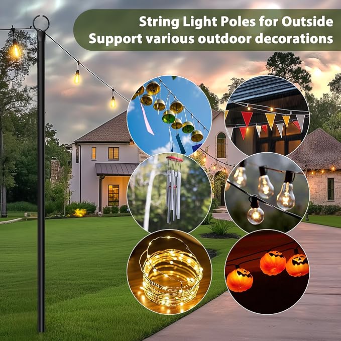 2 Pack String Light Poles for Outside, 10.5 Ft Outdoor String Light Poles for String Lights, Backyard Patio Light Poles for Bistro Party Wedding, Metal Pole for Outdoor String Lights