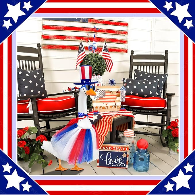Independence Day Goose Outfit with Sunglasses & Tie,Porch Goose Outfits for 23" 17" Cement Plastic Goose Clothes Costumes, 4th of July Goose Outfit for Party Outdoor Patio Yard Lawn