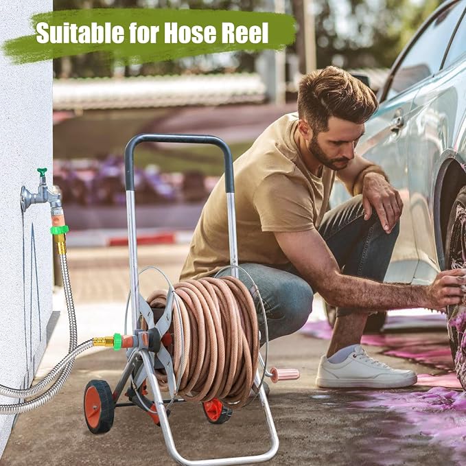 5ft Short Garden Hose with Double Female Connectors - Metal Leakproof Leader Hose for Hose Reel, Heavy Duty 304 Stainless Steel Flexible Hose for Outdoor Garden Watering Car Pet Cleaning