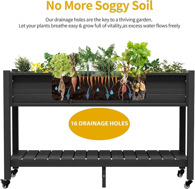 DWVO Raised Garden Bed HDPE with Wheels & Legs, 47x18x31in Weather-Resistant Poly-Wood Elevated Planter Box Outdoor, Double Tier Planters for Patio Balcony Backyard, Black