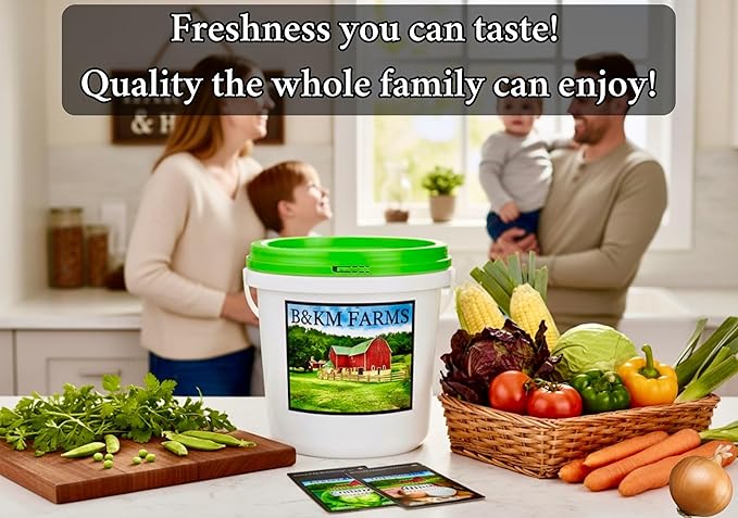 B&KM Farms 25,000+ Heirloom Vegetable Seed Vault - 40 Non-GMO Varieties for Home Gardening & Food Security - Long-Term Mylar Storage in Weather-Resistant Reusable Pail - Made in USA