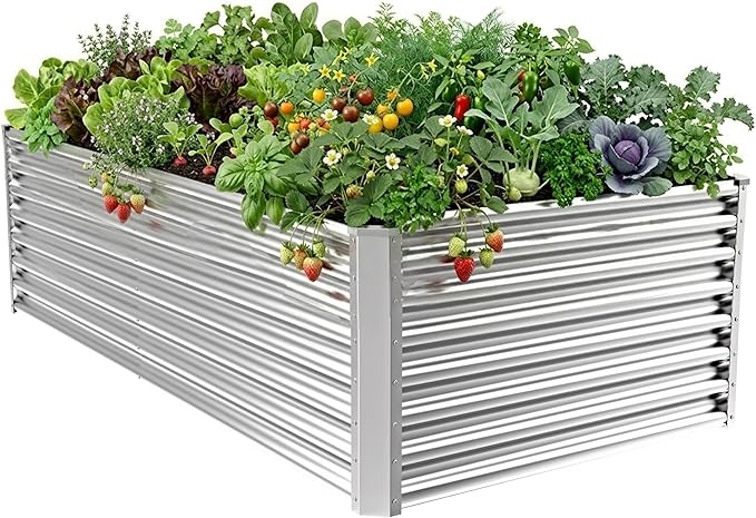 8x4x2ft Metal Raised Garden Bed Kit, Large Raised Beds Outdoor, Rectangle Raised Flower Bed for Gardening,Galvanized Planter Box for Vegetables, Fruits, Flowers, Silver