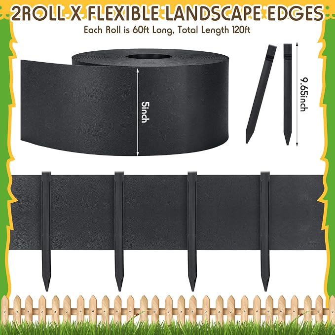 Sasylvia Black Plastic Landscape Edging Coil 5 Inch x 120ft with 40 Stakes 1/10" = 0.1" Inch Thin Bender Board, Garden Liner Flexible and Strengthened with Anti UV for Yard Edging Borders